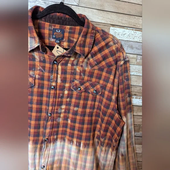 Def Leppard Upcycled Dip Dye Bleach Flannel Shirt - Picture 13 of 15